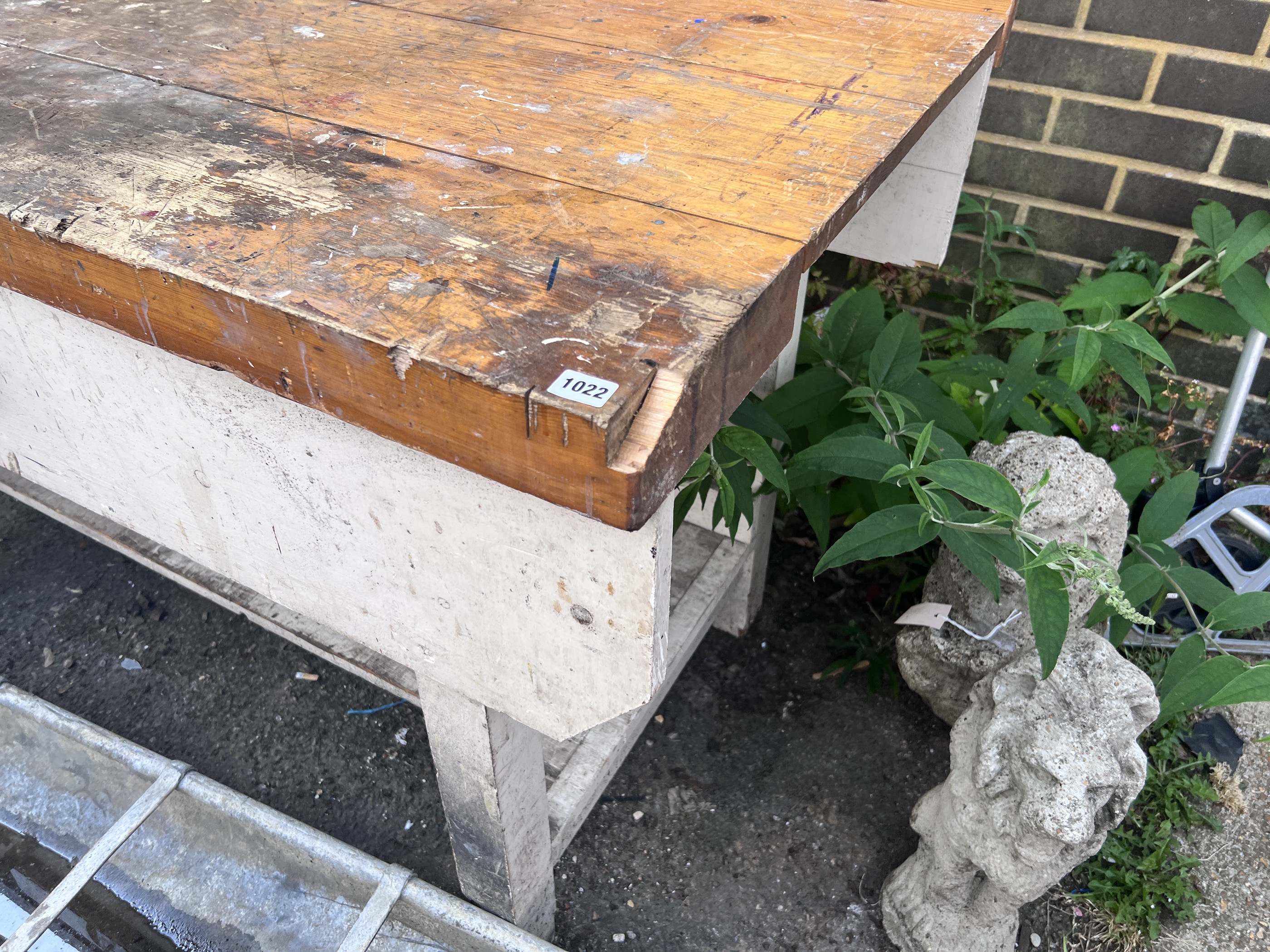 A vintage pine work bench with painted base, width 274cm, depth 80cm, height 93cm